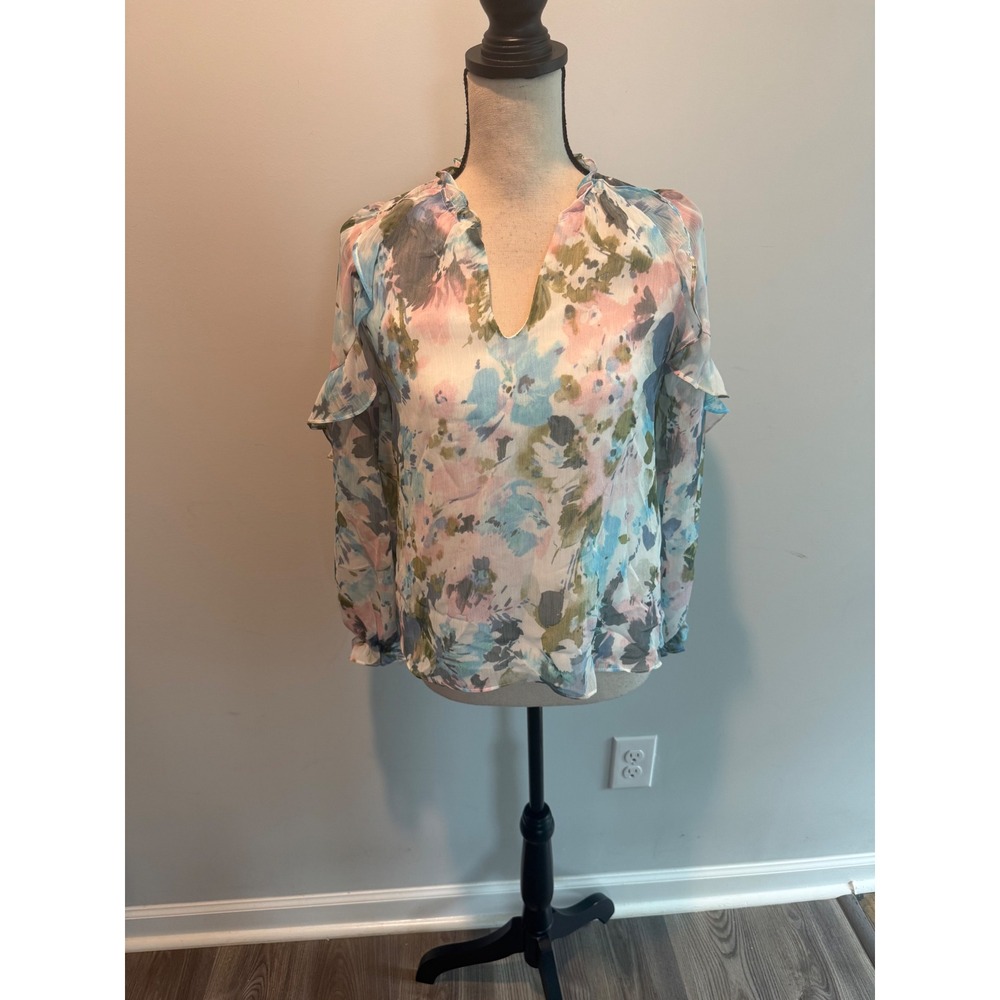 Willa Story Floral Ruffle Long Sleeve Blouse Blue Pink Women's size XS NWT